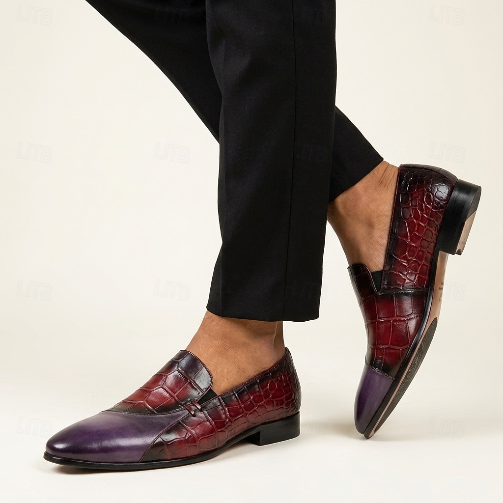 bordowe mokasyny męskie z wytłoczonym wzorem krokodyla, wsuwane buty wizytowe, eleganckie buty ze szpiczastym noskiem na wesele, bankiet, wieczorne imprezy 2026 - $109.99 –P3