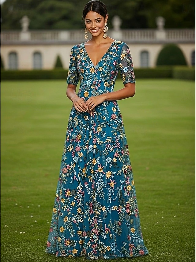 Corte A Vestidos Hasta el Suelo Vestido de Fiesta Vestido Cóctel Vestido de Madrina Media Manga Escote Elegante Vintage Lujoso Formal Invitado a la boda El derby de Kentucky Tul con Estampado flor 2026 - $182.99 –P12