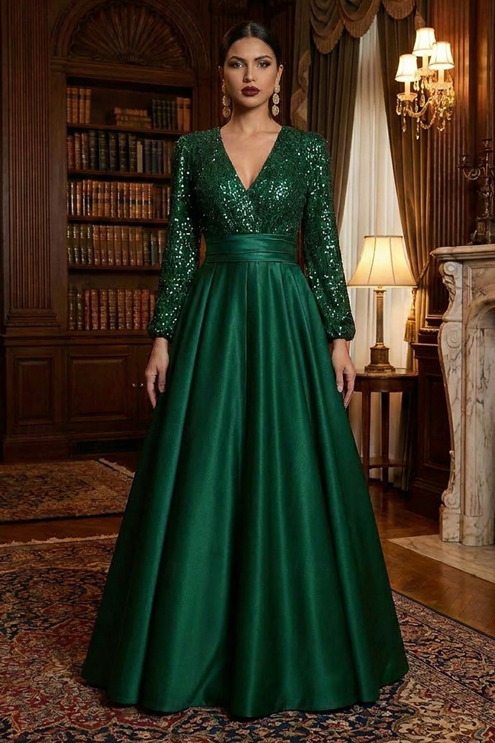 Linea ad A Lunghezza al pavimento Abito da Sera Da principessa Abito formale Elegante Scintillante Setoso Manica Lunga Scollo a V Matrimonio Formale Tasca Raso Con Paillettes con Glitter Pieghe Tasca del 2026 a $65.99 –P1