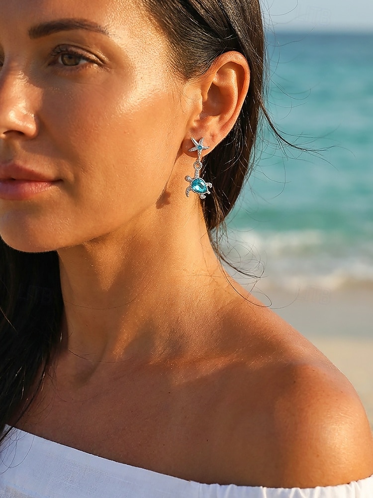 Pendientes colgantes de tortuga marina para mujer, de aleación de plata, con estrella de mar y cristal azul, ideales para vacaciones, cruceros, resorts, fiestas de verano y bodas costeras. 2026 - $7.99 –P1