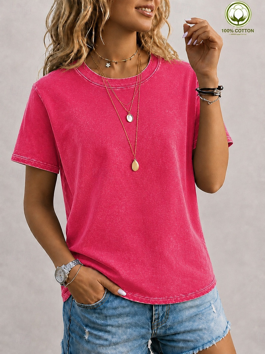 softfade™ dames T-shirt van 100% katoen, vintage gewassen model, korte mouwen, ronde hals, lange mouwen, casual, blauw, zwart, lichtgroen 2026 - $31.99 –P17