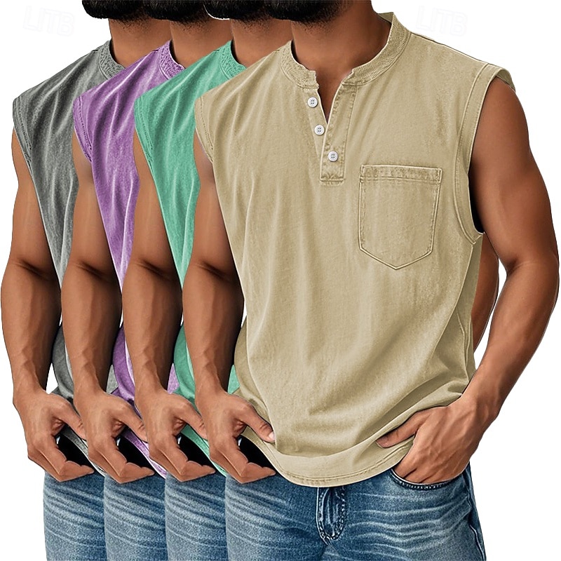 Men's 4-PCS Vest Top 100% Cotton Acid Wash Shirt Acid Wash Shirt Sleeveless Henley Summer Spring Plain Fashion Designer Basic Garment Dyed Vintage Washed Vacation Street Going out Top Tee for Men 2026 - $91.99 –P10