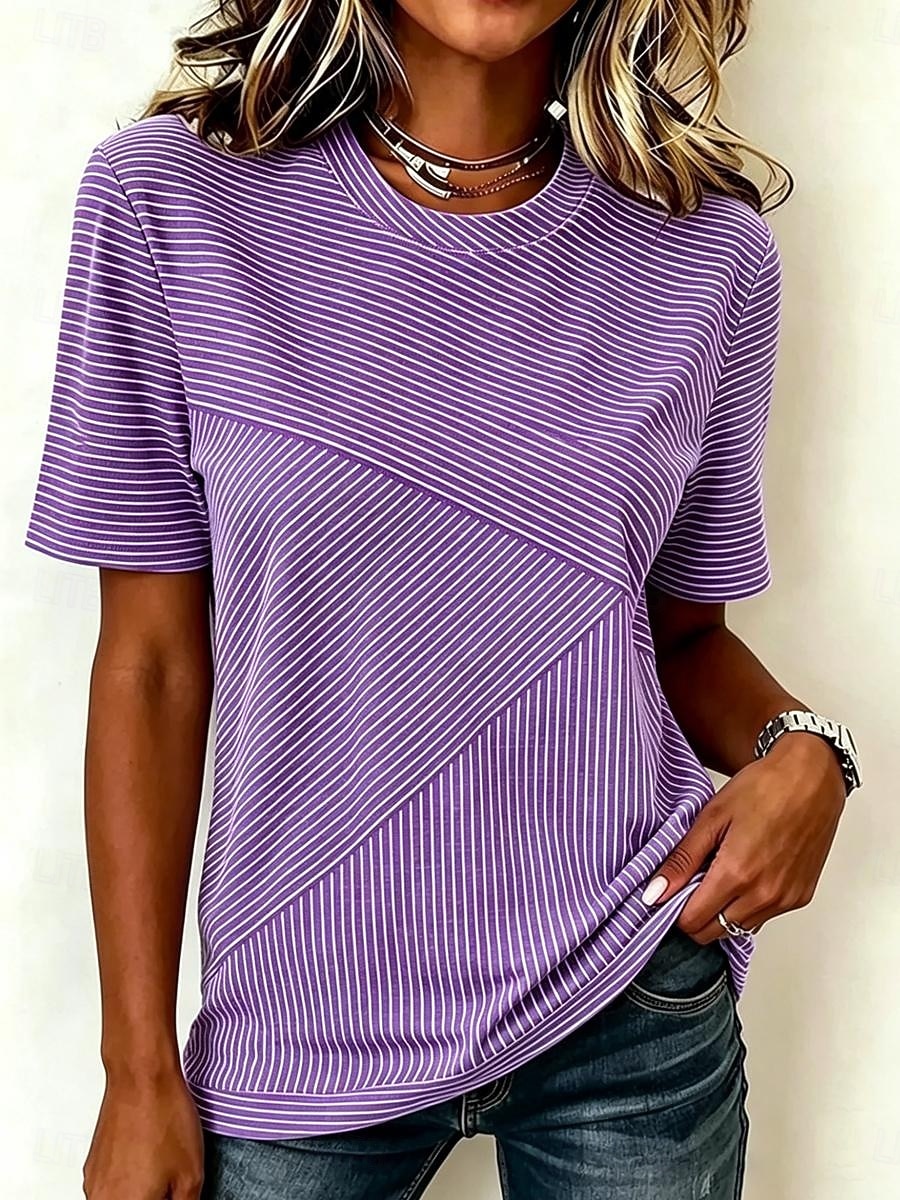 Mulheres Camiseta Imprimir Listrado Gráfico Listrado à moda Clássico Casual Manga Curta Gola Redonda Tops regulares Casual Diário Azul Rosa Roxo Verão Primavera de 2026 por $21.99 –P4