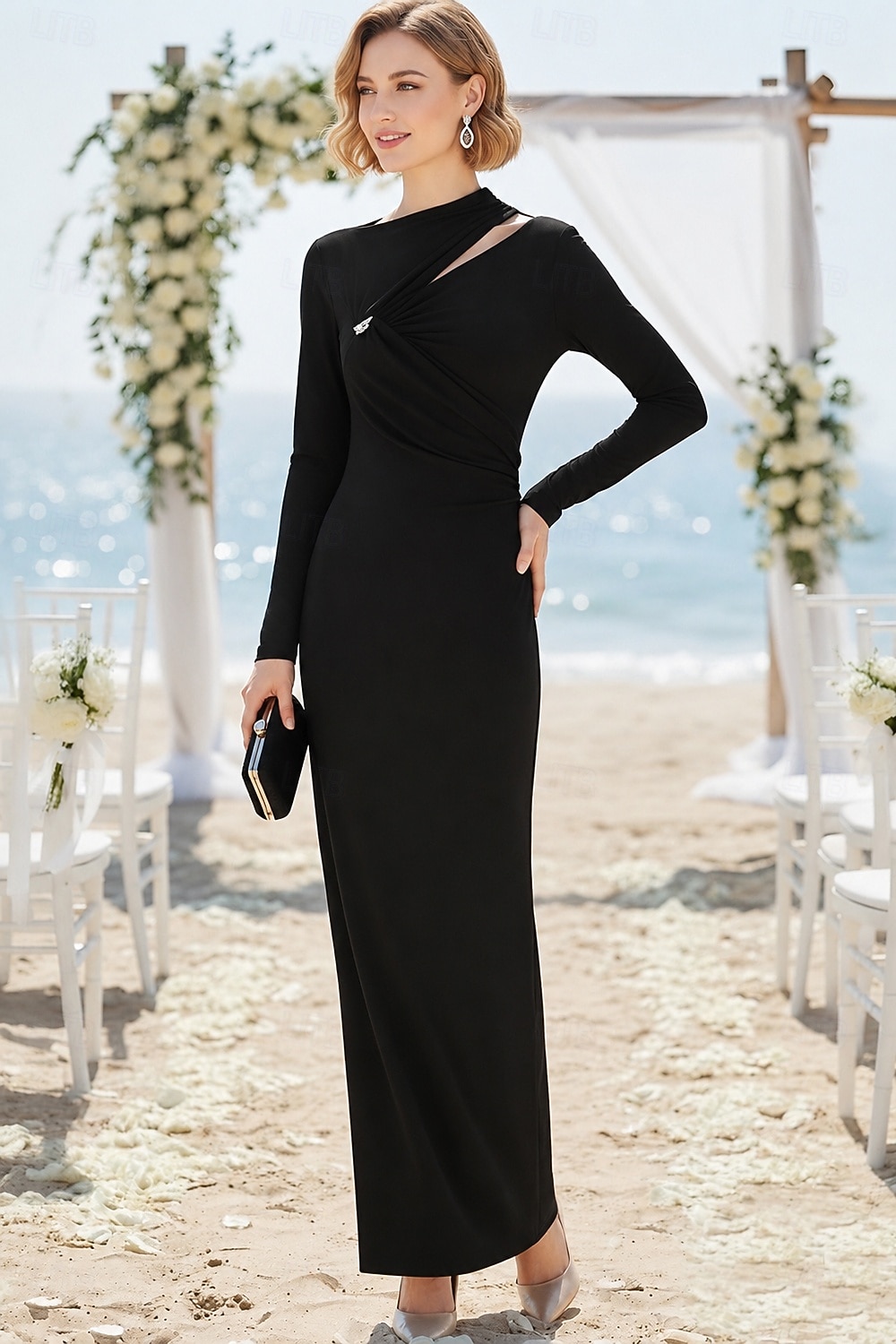 boat neck dress for wedding guest Zapaka Women Hot Pink Maxi Floral Mermaid Round Dress, Sage / US2 1x Women Dress Tailored Boat Neck Maxi Wedding
