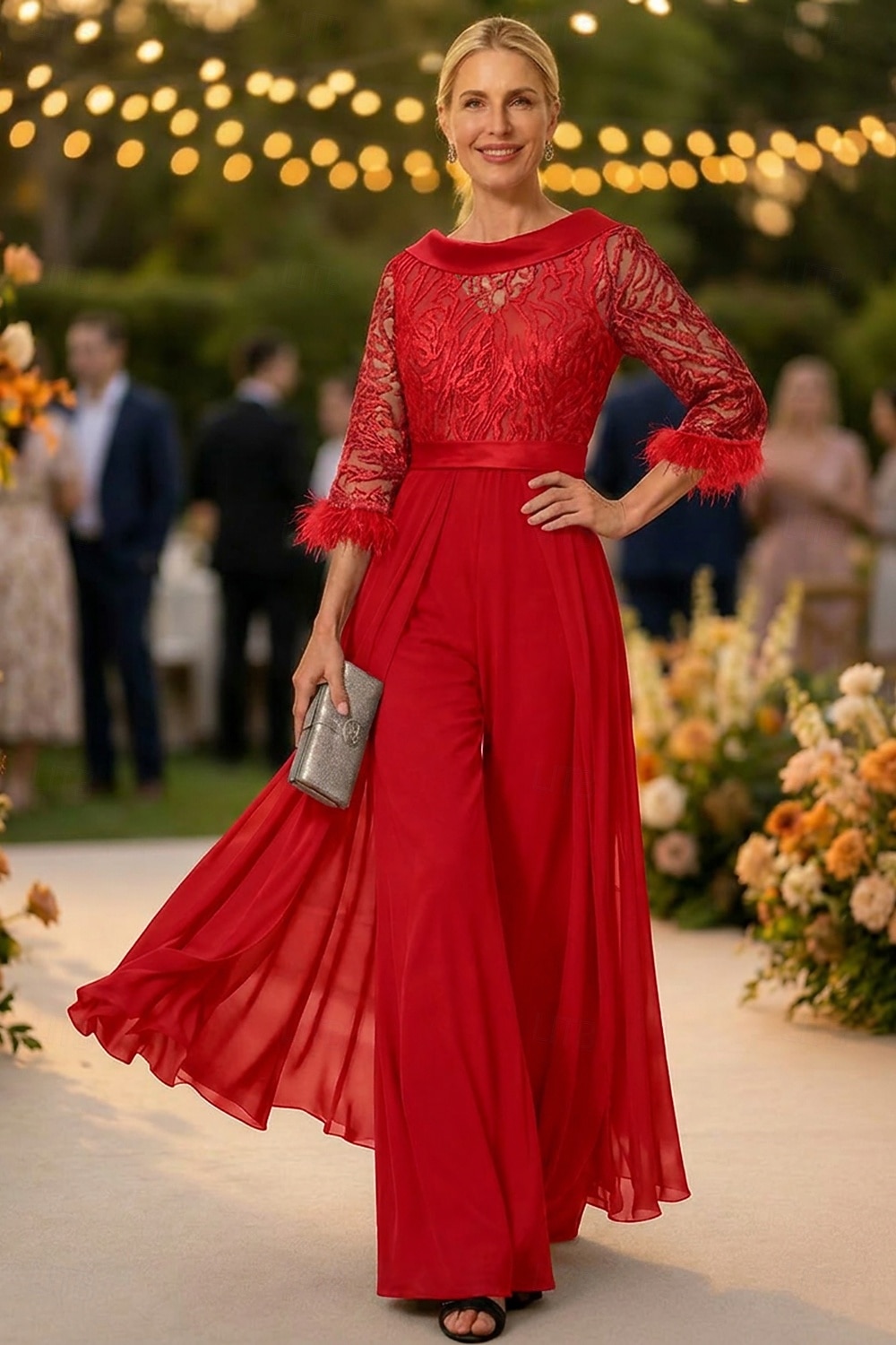 Tuta Completo Pantalone Lunghezza al pavimento Abito da cerimonia per signora Mezza Manica Collo gioiello Elegante Vintage Ospite di nozze Chiesa Chiffon con Piuma Paillettes Applicazioni del 2026 a $195.99 –P5