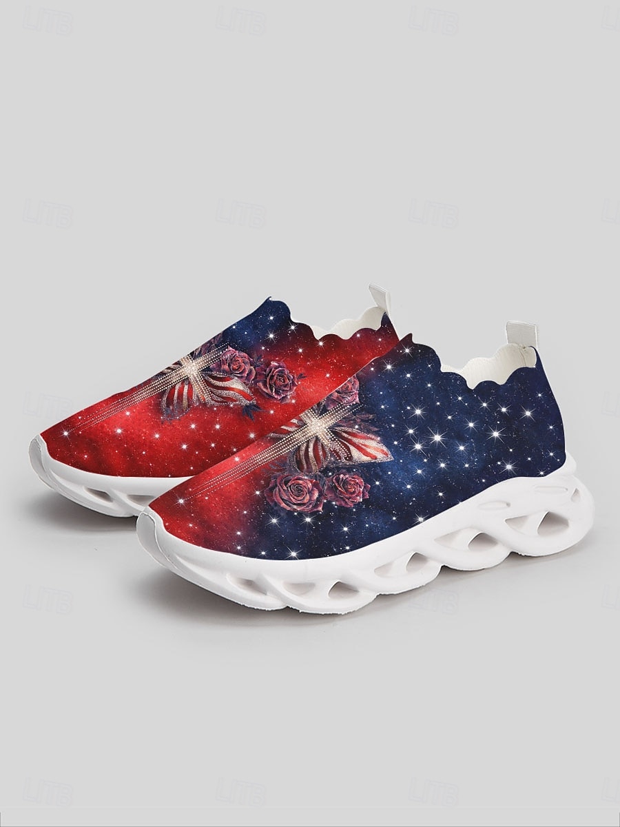 Pantofi sport patriotici roșii-albastri pentru femei – roz &Adidași cu pernă de aer imprimați cu fluturi pentru Ziua Independenței, sărbătorile de 4 iulie, călătorii, plimbări zilnice și ținute casual 2026 - $32.99 –P1