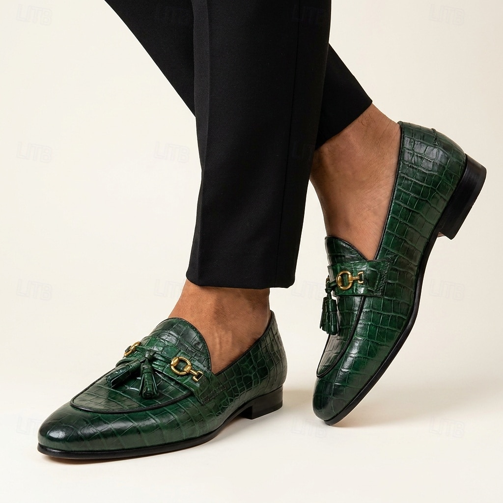 Grüne Herren-Loafer mit Krokodilprägung, elegante Slipper mit Quasten zum Hineinschlüpfen, Business-Casual-Schuhe für Hochzeit, Büro und Party 2026 - $109.99 –P2
