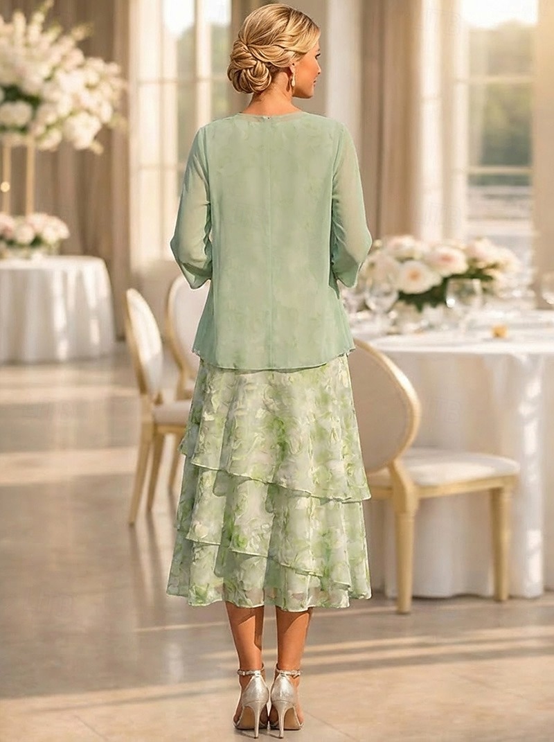 Two Piece A-Line Tea Length Wedding Guest Dress Mother of the Bride Dress Sleeveless 3/4 Length Sleeve Crew Neck Elegant Simple Minimalist Formal Semi Formal Chiffon Jacquard with Floral Print Ruched 2026 - $182.99 –P3
