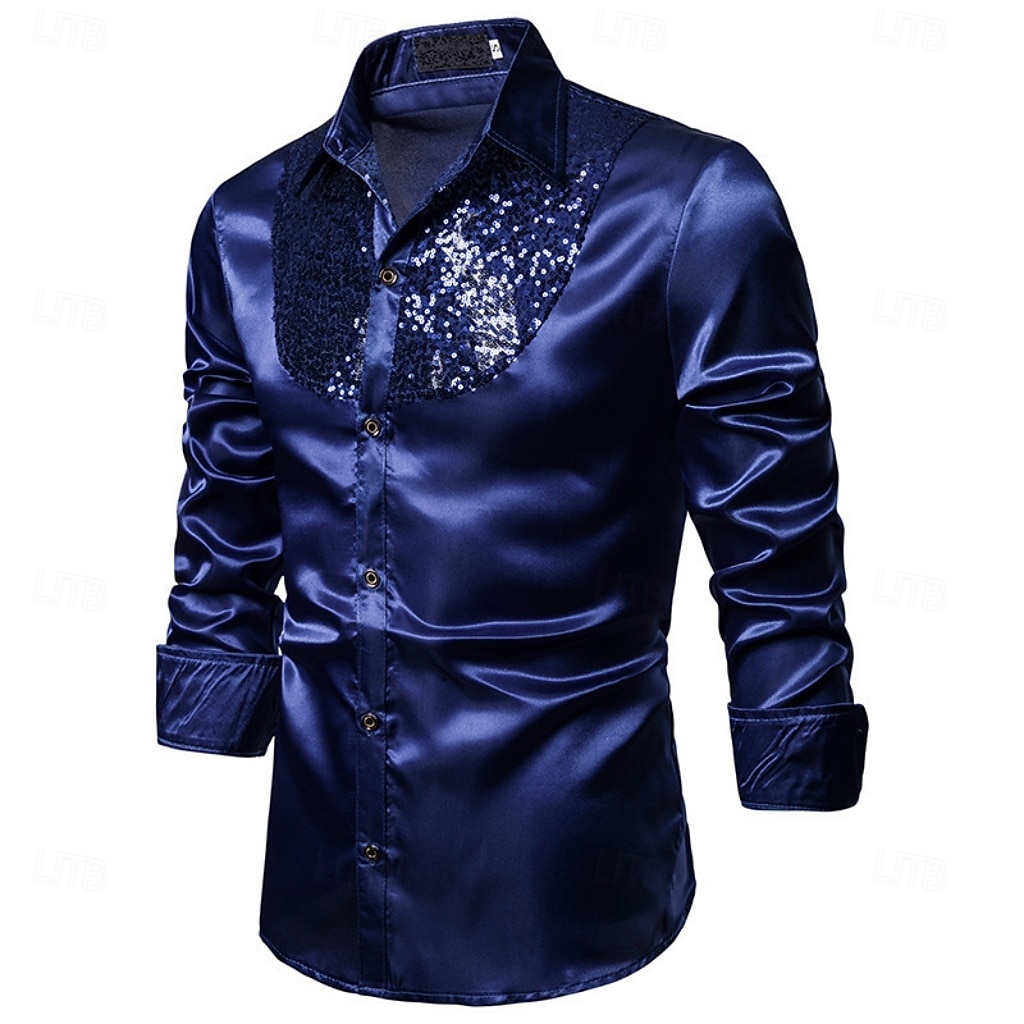 Men's Shirt Satin Shirt Dress Shirt Casual Shirt Solid Color Outdoor Work Black White Red Navy Blue Long Sleeve Turndown Summer Spring Clothing Apparel Sequins 2026 - $26.99 –P17