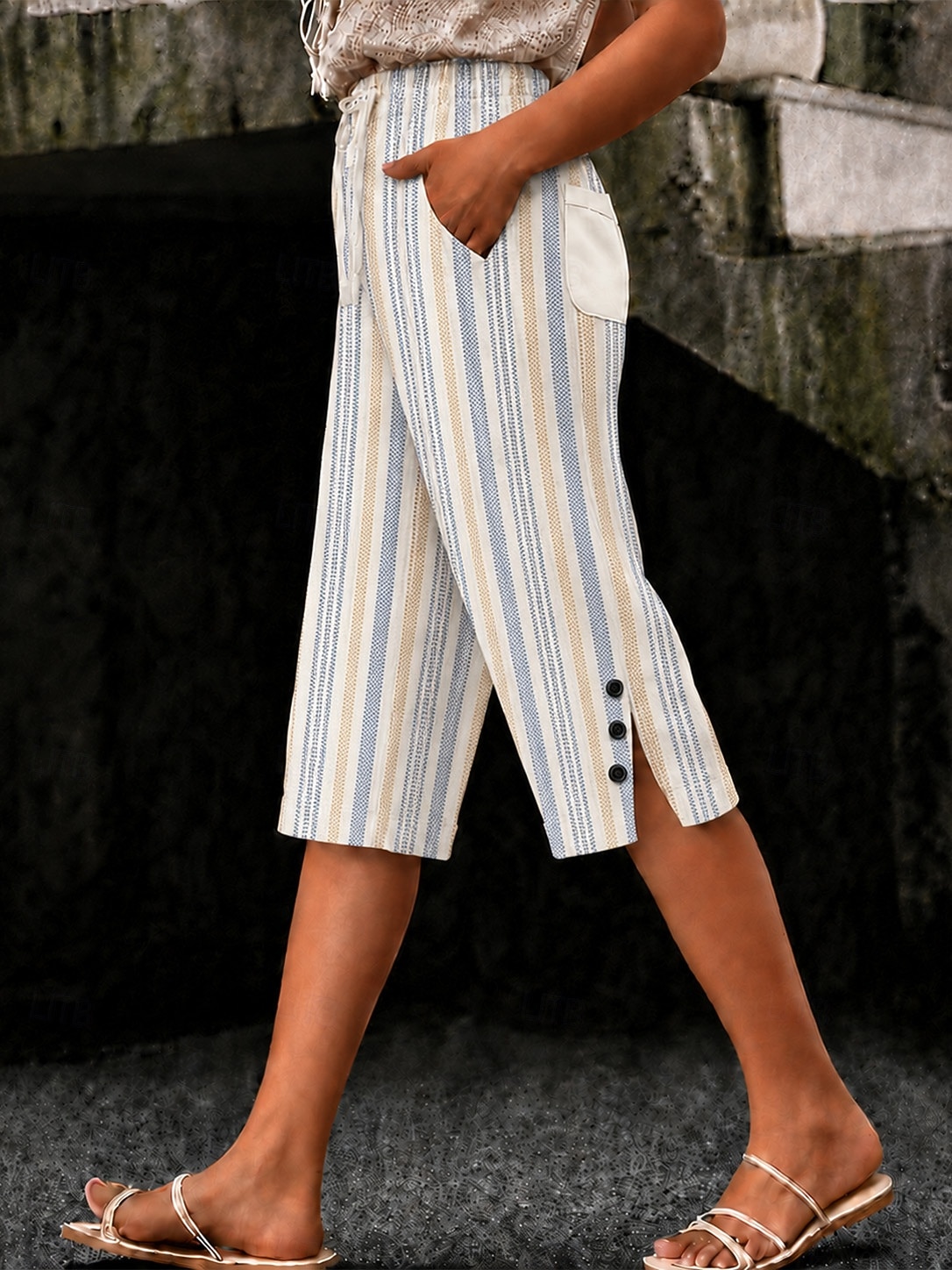 Women's Cotton Linen Shorts Capri Pants Leggings Cropped Pants Vacation Vintage coastal grandma style Knee Length Mid Waist Floral Graphic Abstract Print Striped Comfort Inelastic Daily Outdoor 2026 - $31.99 –P2