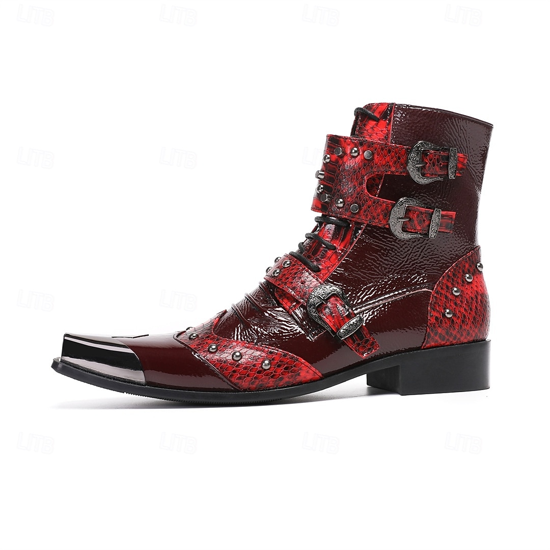 Men's Red Western Biker Boots – Exotic Buckle Ankle Boots, Vintage Cowboy Footwear for Motorcycle Riding, Concerts, Music Festivals and Nightlife 2026 - $149.99 –P6