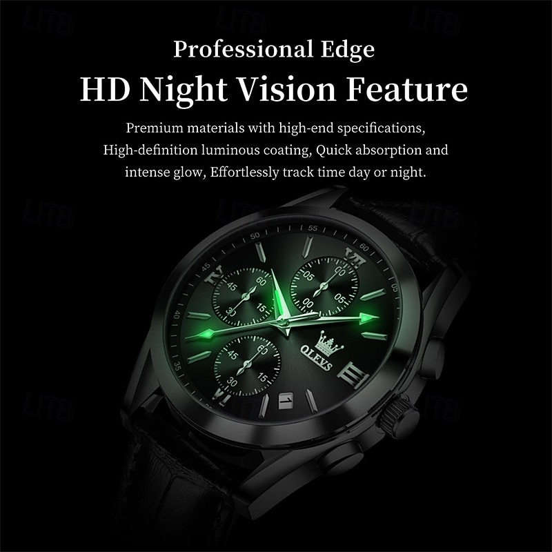 OLEVS Men's Luxury Watch Black Leather Strap Chronograph Waterproof Luminous Analog Quartz Wristwatch with Date Business Fashion Dress Watches for Men Gifts 2026 - $42.99 –P12