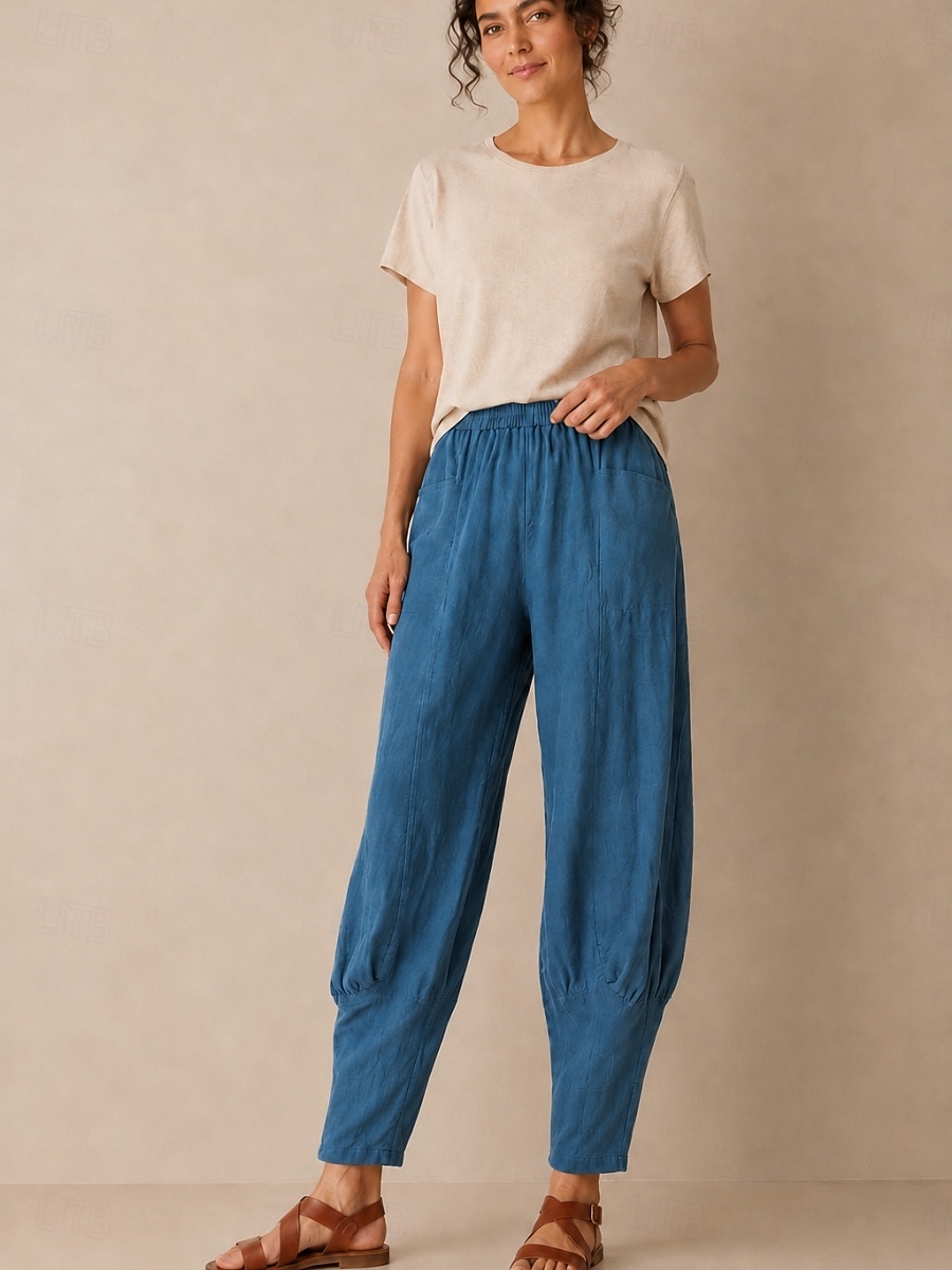 Pantalon large en lin pour femme, taille mi-haute, poches pleine longueur, ceinture élastique, couleur bordeaux et bleu azur, idéal pour les vacances de 2026 ? $49.99 –P10