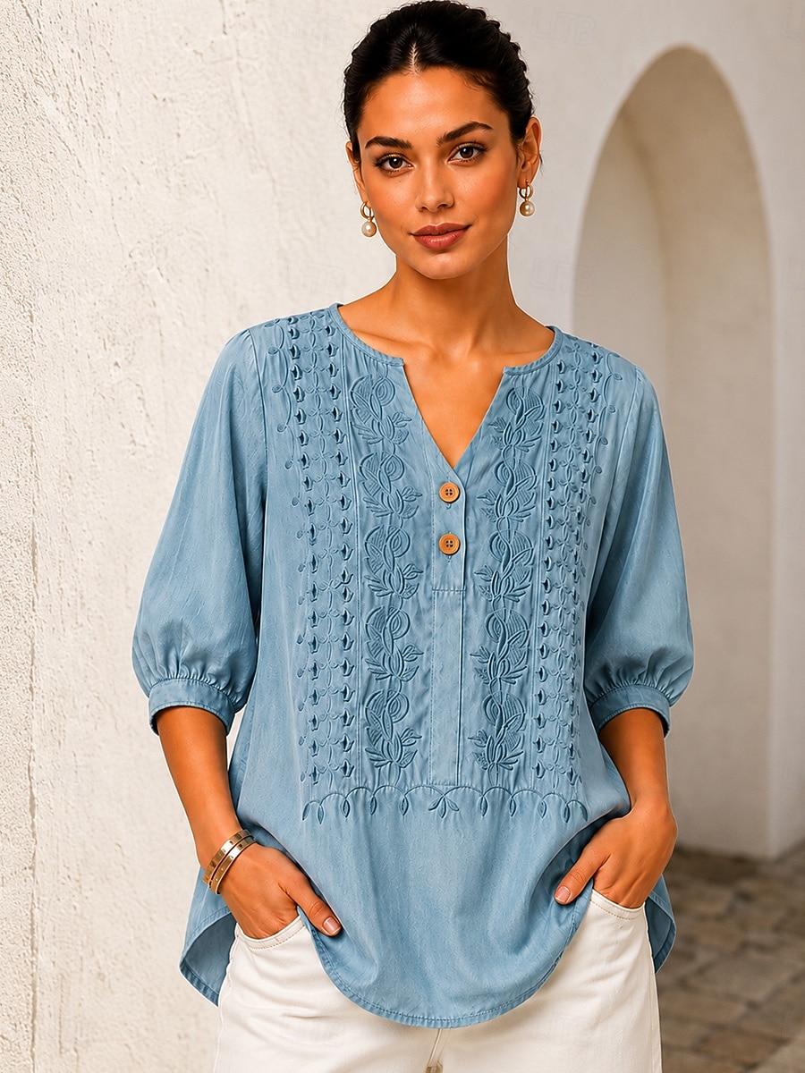 Per donna Camicia Top con cuciture in pizzo Ricamato Floreale Elegante Bohemien Etnico Manica 3/4 Scollo a V Top lunghi Casuale Quotidiano Uscire Blu Arancione Verde Primavera Autunno del 2026 a $24.99 –P1