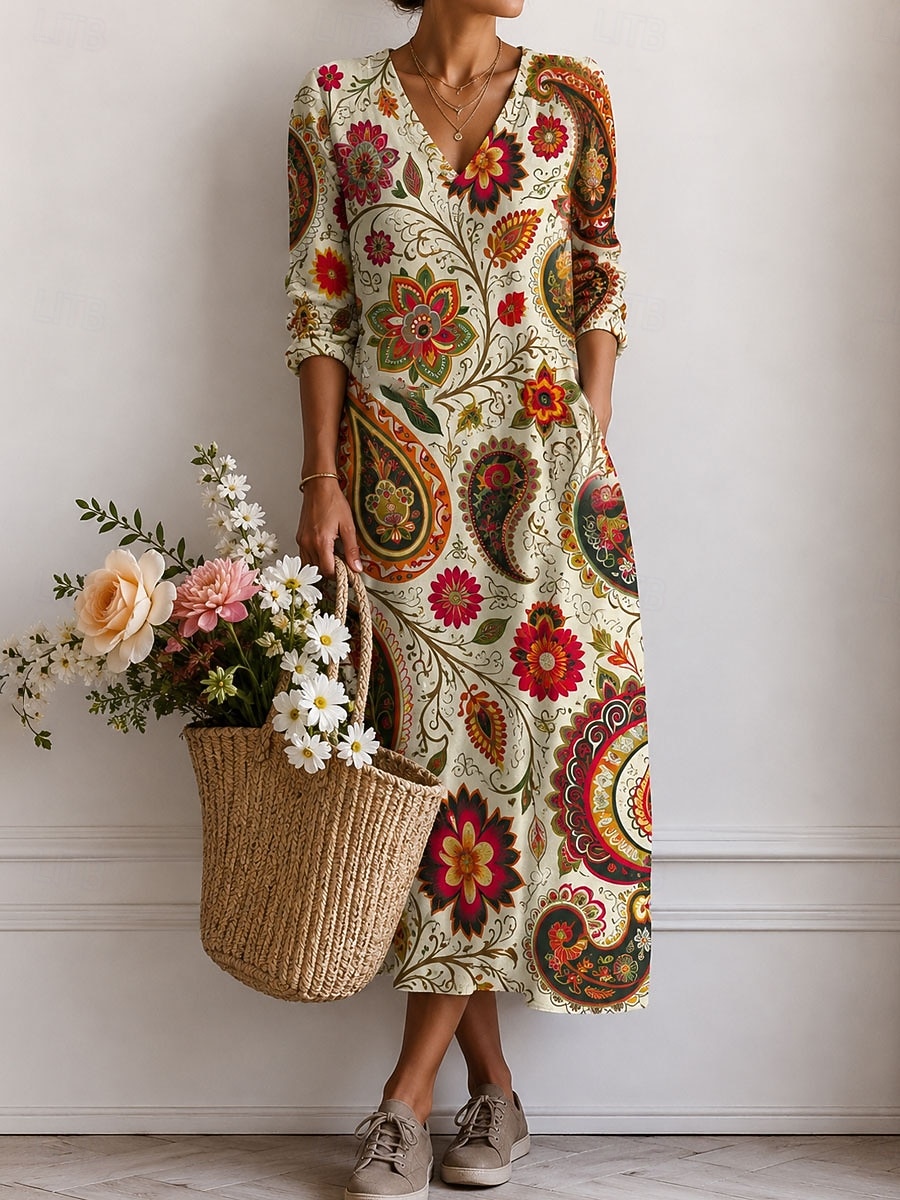 Women's Midi Dress Sundress Casual Dress A Line Dress Vacation Casual Boho Holiday Regular Fit Graphic Abstract Long Sleeve V Neck Blue Pink Khaki Summer Spring 2026 - $44.99 –P2