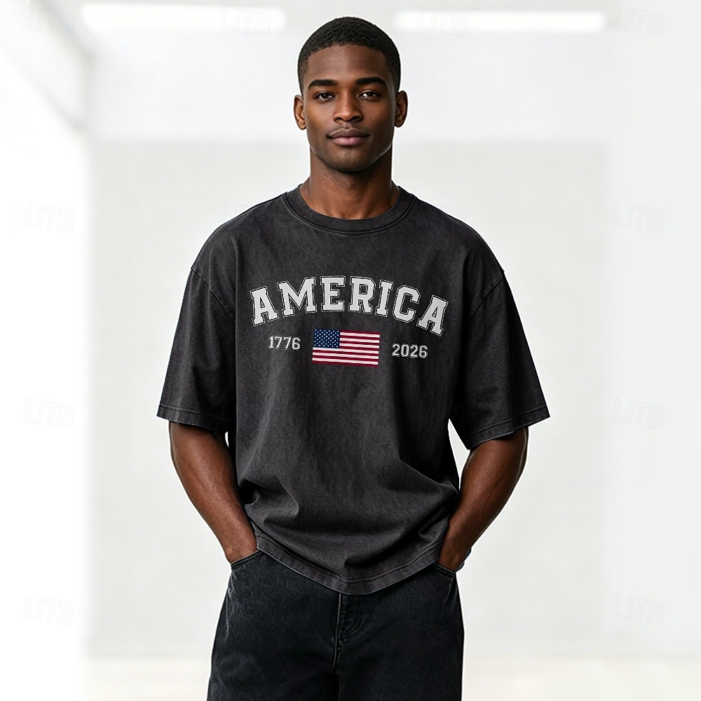 4th of July 2026 250th Men's American Flag 1776 Acid Wash Shirt Heavyweight T-shirt Short Sleeve T shirt DTG Crew Neck Shirt Patriotic Street Holiday Blue Black Army Green Spring & Summer Clothing 2026 - $27.99 –P4