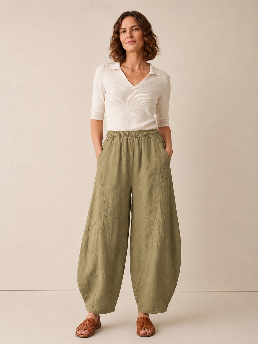 Pantalones bombachos de lino para mujer, cintura media, largo completo, bolsillo, cintura elástica, vacaciones, azul arroz 2026 - $49.99 –P10
