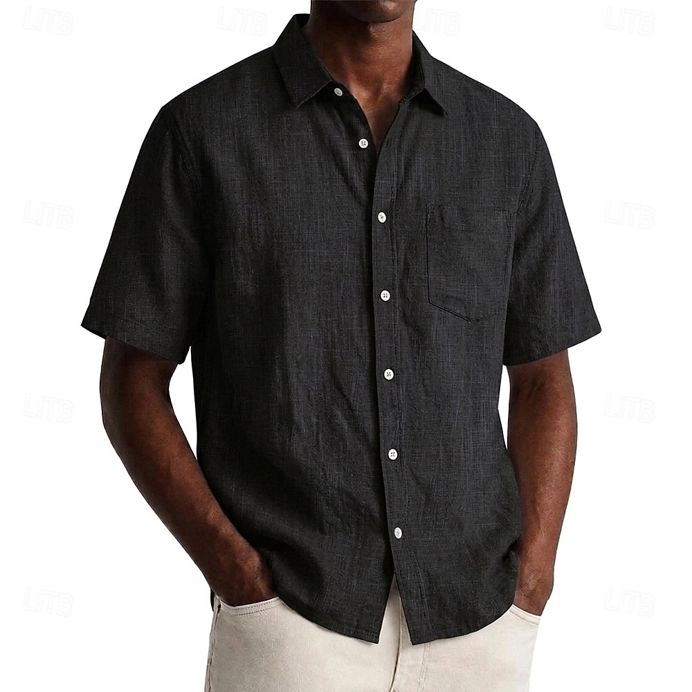 Men Shirt Linen Shirt Summer Shirt Beach Wear Button Up Shirt Plain Casual Daily Black Navy Blue Sky Blue Khaki Short Sleeve Collar Spring & Summer Summer Clothing Apparel Pocket 2026 - $24.99 –P6