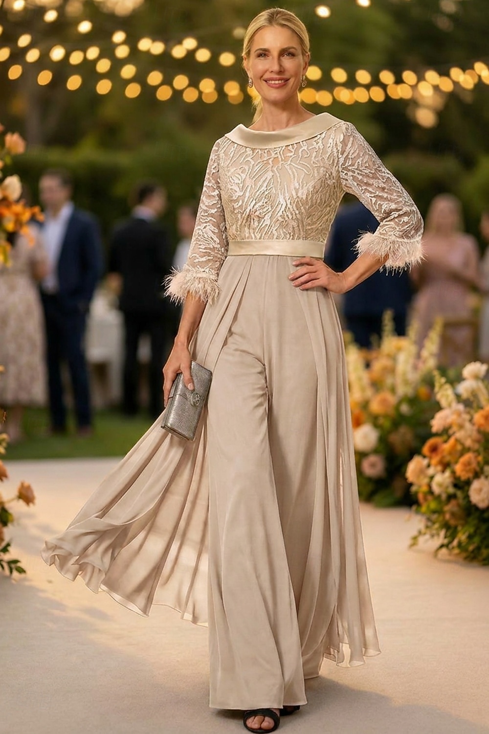 Tuta Completo Pantalone Lunghezza al pavimento Abito da cerimonia per signora Mezza Manica Collo gioiello Elegante Vintage Ospite di nozze Chiesa Chiffon con Piuma Paillettes Applicazioni del 2026 a $195.99 –P11