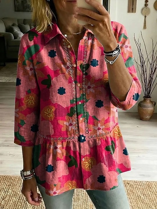 Per donna Camicia Top traforato Tunica Camicia casual Traforato Ombre Floreale Grafico Elegante Bohemien Attivo Manica 3/4 Collo ripiegato Top lunghi Matrimonio in Spiaggia Casuale Quotidiano Rosa del 2026 a $33.99 –P1