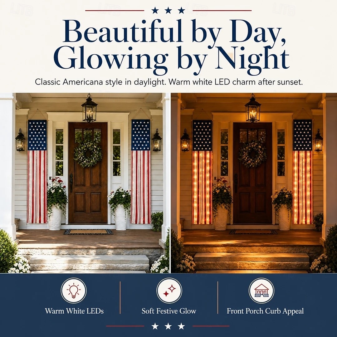 Bannière lumineuse patriotique américaine (1 pièce) pour porche, décorations extérieures pour le 4 juillet, 250e anniversaire des États-Unis, étoiles et rayures, bannière pour porte d'entrée ou patio. de 2026 ? $48.99 –P1