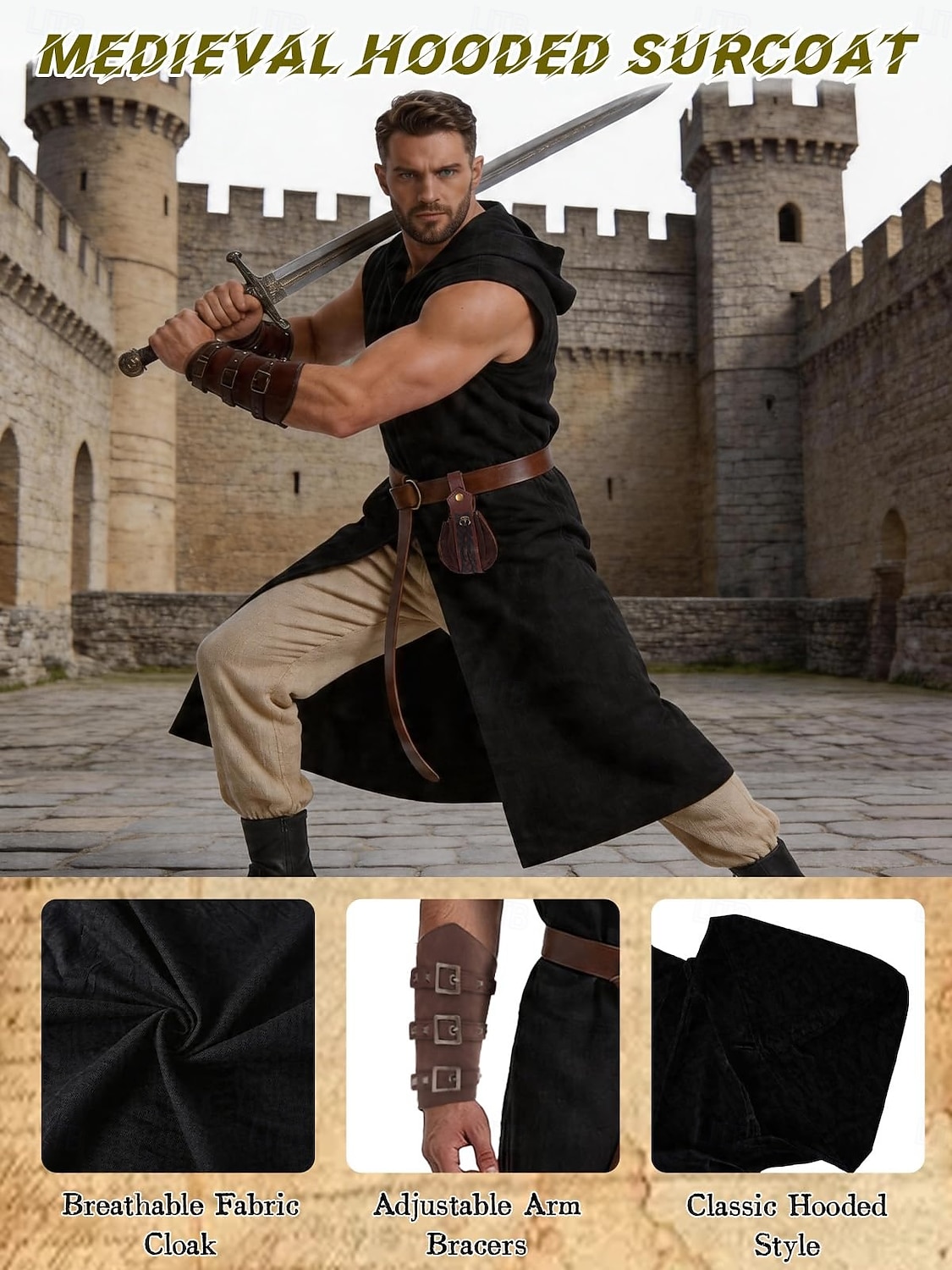 Set Retro Vintage Mittelalterlich Renaissance Weste Taillengürtel Armschützer mit Zubehör Ärmellos Ritter Ranger Kostüm Herren Fantasie Halloween Karneval Renaissance-Messe LARP Erwachsene Weste 2026 - $46.99 –P5