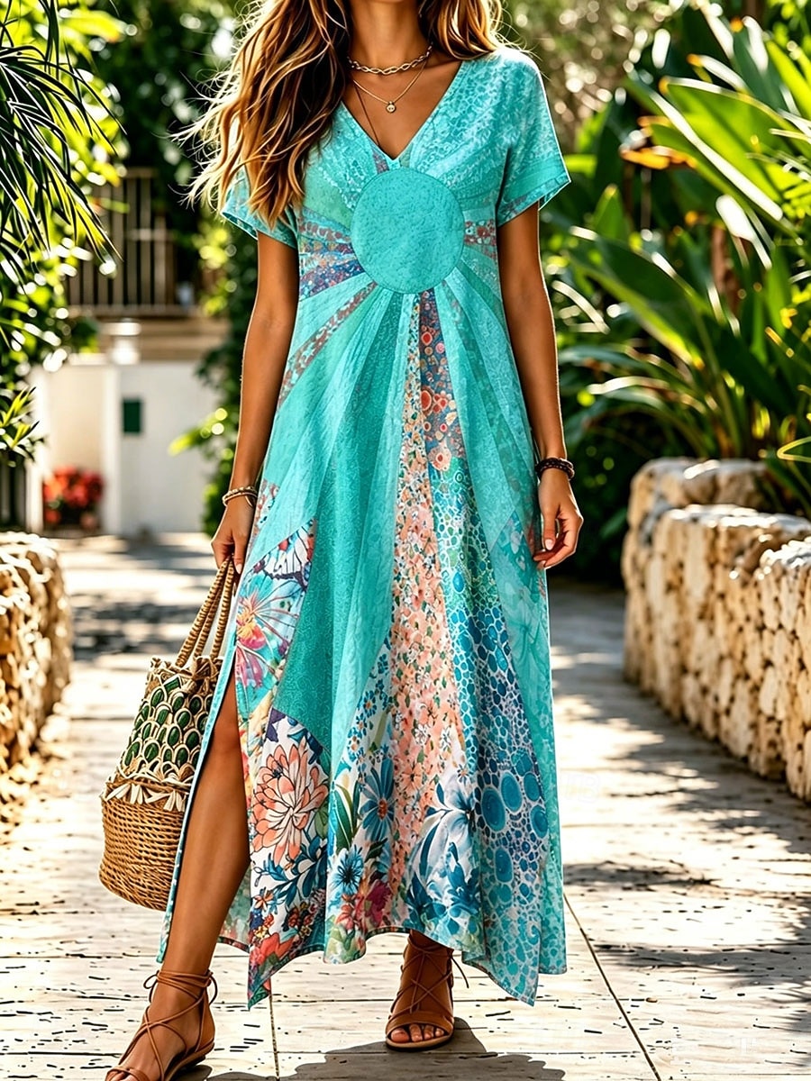 Per donna Abito Midi Vestito T-Shirt Abito a trapezio Casual Vestibilità regolare Floreale Grafico Manica Corta Scollo a V Blu Rosa Viola Arancione Estate Primavera del 2026 a $27.99 –P4
