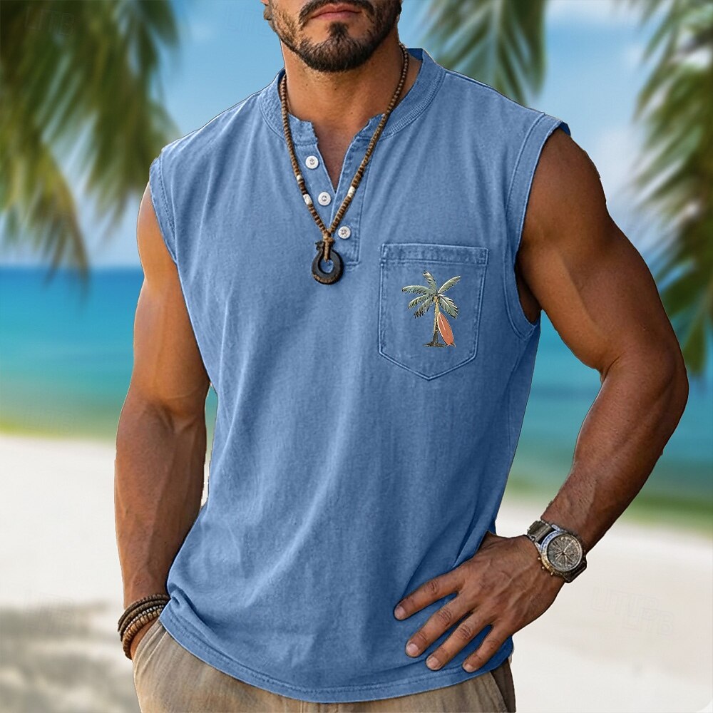 Men's 100% Cotton Acid Wash Shirt Sleeveless Shirt Sleeveless Henley Summer Solid Color Ocean Coconut Casual Garment Dyed Faded Vintage Washed Casual Daily Streetwear Blue Black Purple Top Tee for Men 2026 - $30.99 –P1