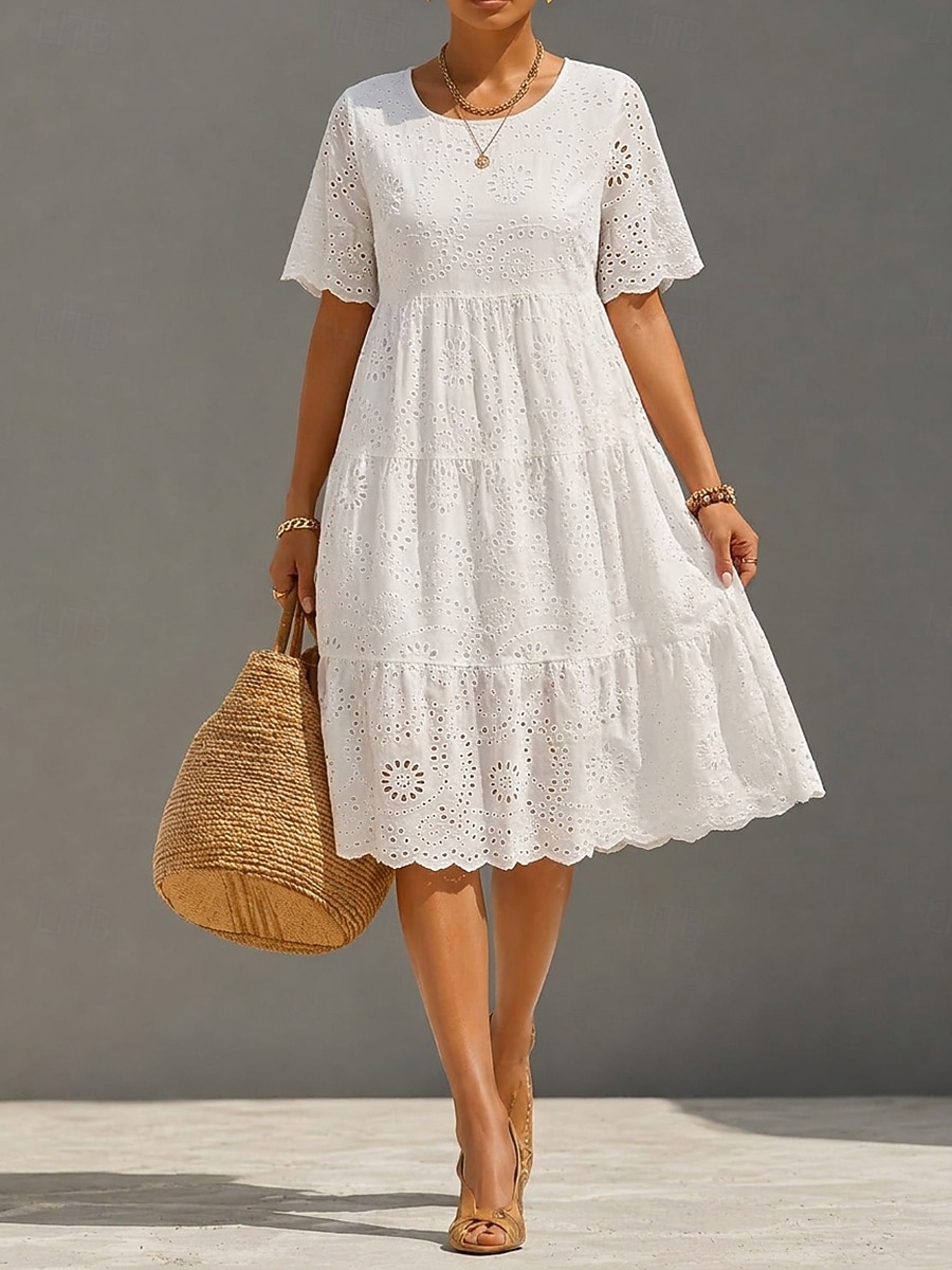 Per donna Abito Midi Abito in Pizzo Abito a trapezio Casual Quotidiano Uscire Vestibilità regolare Semplice Manica Corta Girocollo Bianco Giallo Rosa Azzurro cielo Estate Primavera del 2026 a $41.99 –P1