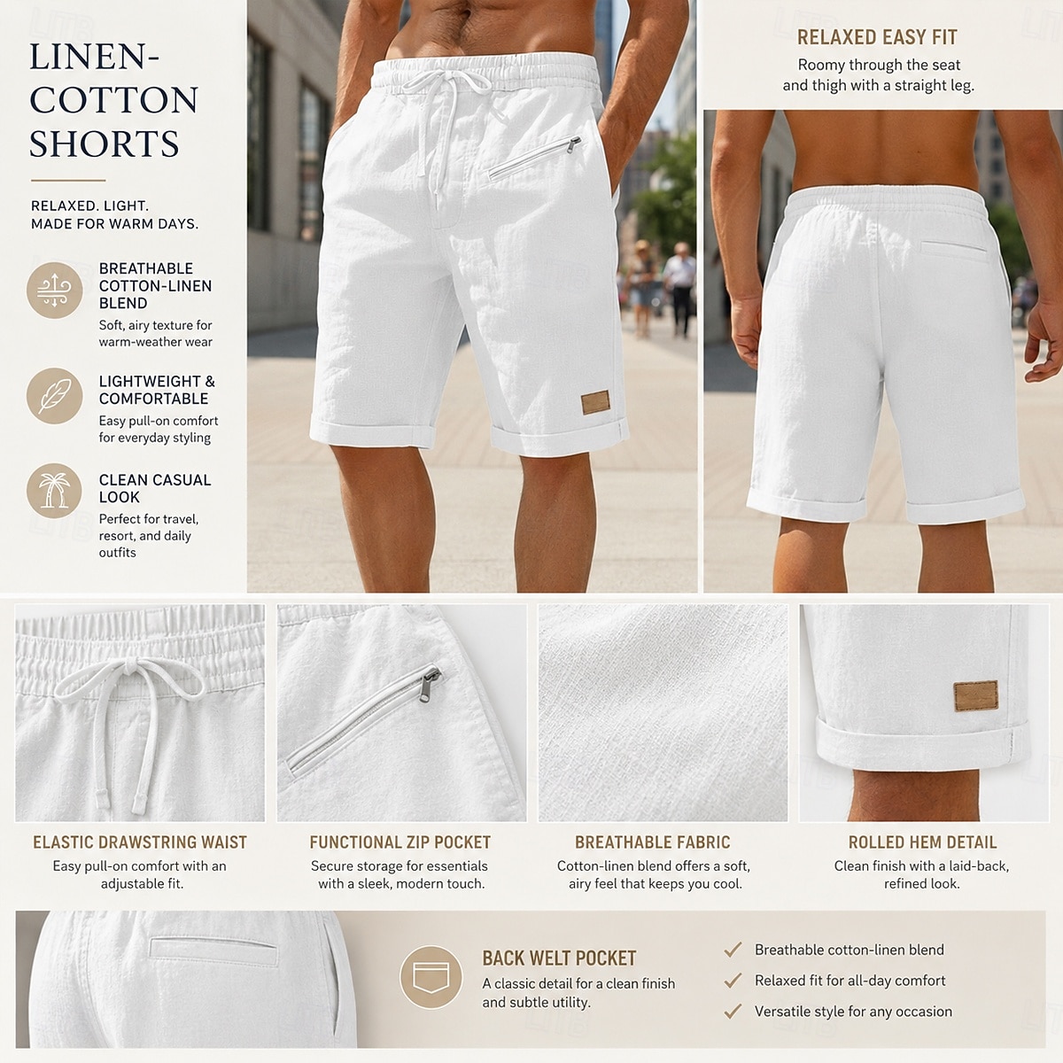 Voor heren Linnen korte broek Zomer korte broeken Strandshorts Trekkoord Elastische taille Zak met rits Effen Effen kleur Comfort Zacht Knielengte Dagelijks Strand Modieus Chique en modern blauw Zwart 2026 - $26.99 –P2