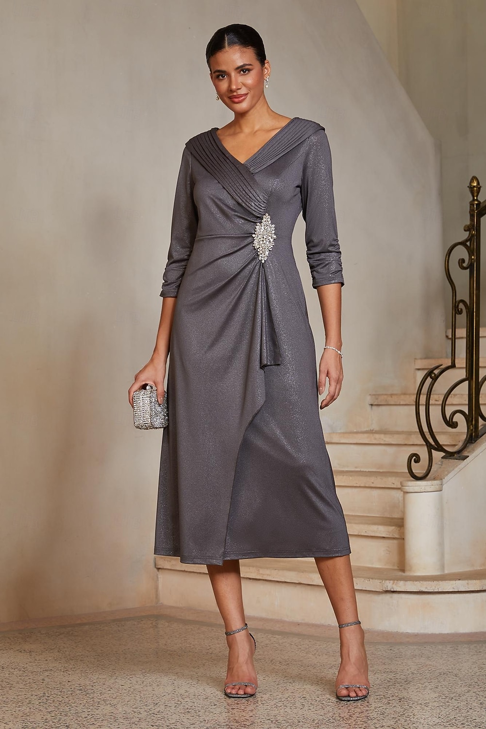 charcoal grey dress for wedding Women's A-Line Cocktail Guest Dress Tea Length Portrait Collar V Neck 3/4 Floral Appliqué Dress