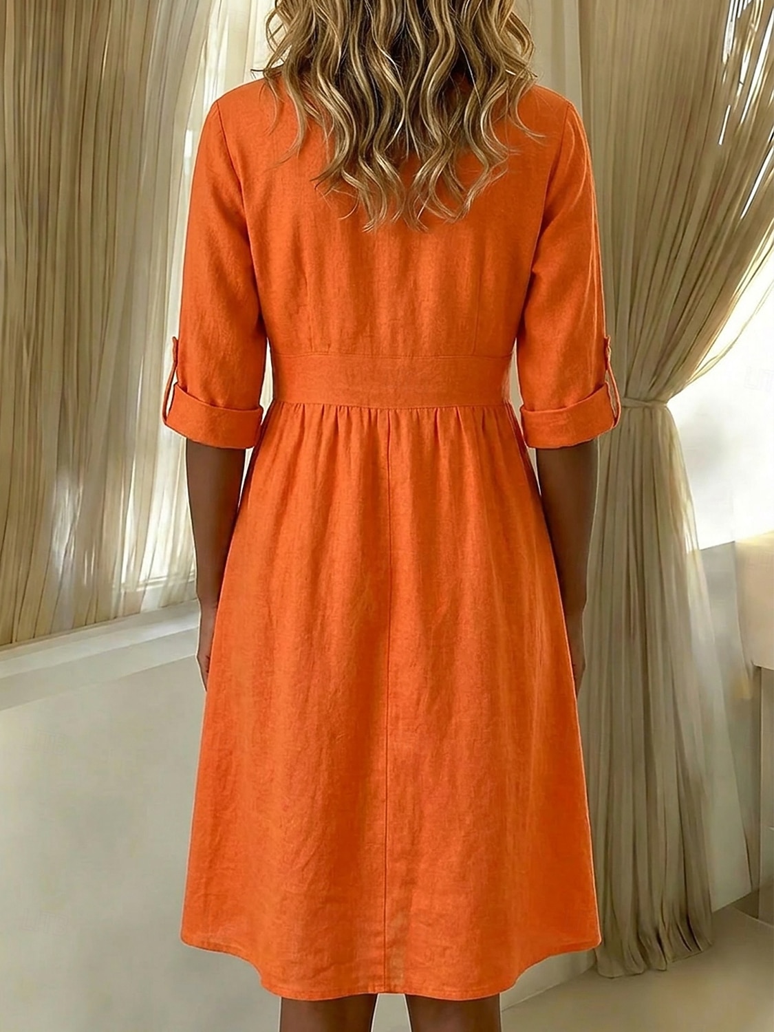 Damen Knielanges Kleid Baumwoll-Leinen-Kleider Hemdblusenkleid Elegant Urlaub Klassisch Täglich Büro Urlaub Normale Passform Einfach Langarm V Ausschnitt Rote Marineblau Orange Sommer Frühling 2026 - $18.49 –P7