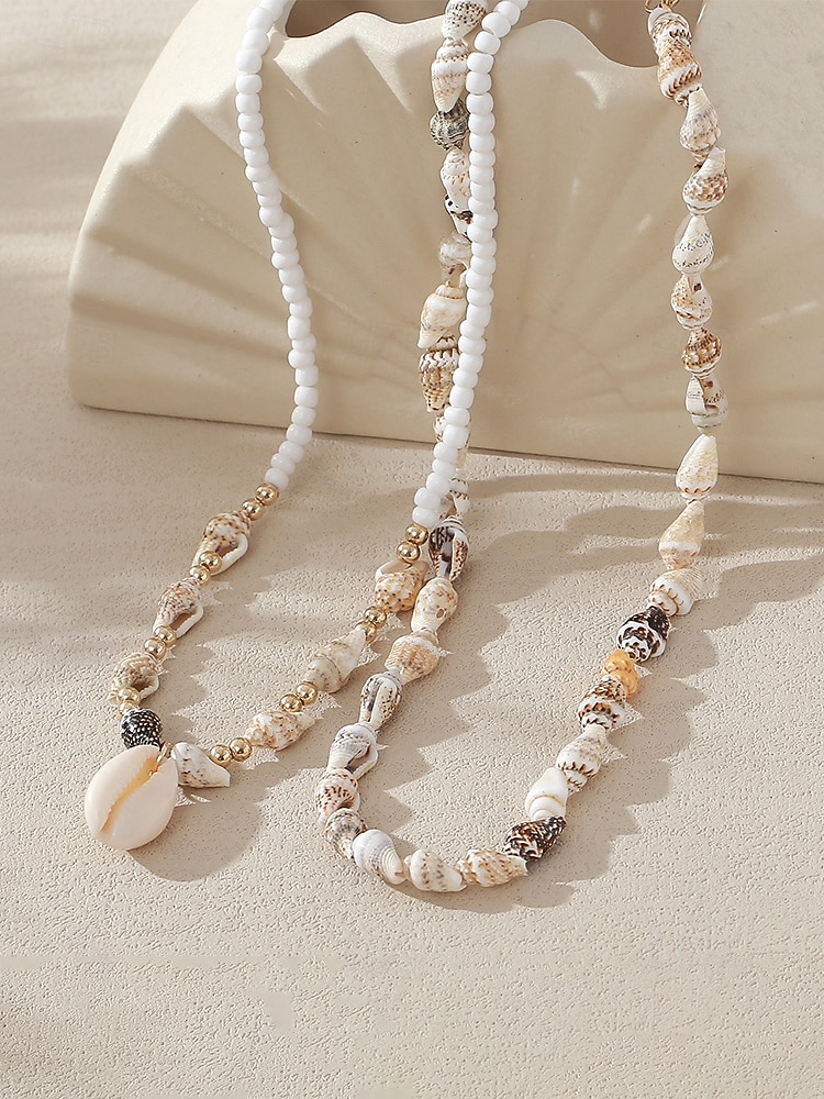Damesketting met meerdere lagen van natuurlijke schelpen, dubbele streng strandsieraden, handgemaakte ketting met schelpen en kralen, kustachtige boho-vakantieaccessoires voor zomerreizen en cruises. 2026 - $7.99 –P4