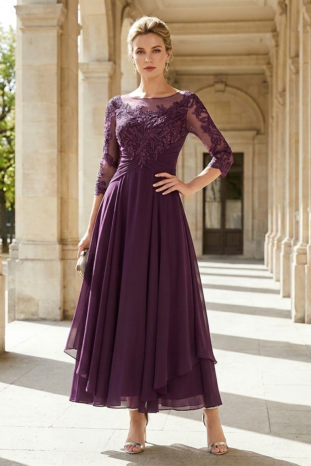 A-Line Ankle Length Party Dress Cocktail Dress Wedding Guest Dress Mother of the Bride Dress 3/4 Length Sleeve Jewel Neck Elegant Plus Size Wedding Guest Wedding Party Chiffon Lace with Ruched Sequin 2026 - $195.99 –P1