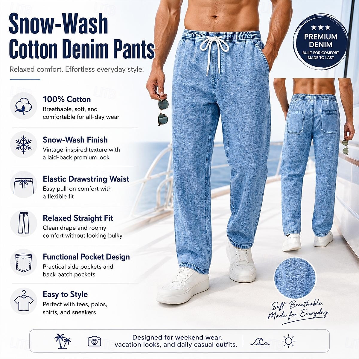 Per uomo Pantaloni Pantaloni casual Pantaloni Estivi 100% cotone Pantaloni di denim Coulisse Elastico in vita Gamba Dritta Semplice Comodità Traspirante Lunghezza intera Casuale Quotidiano All'aperto del 2026 a $35.99 –P1