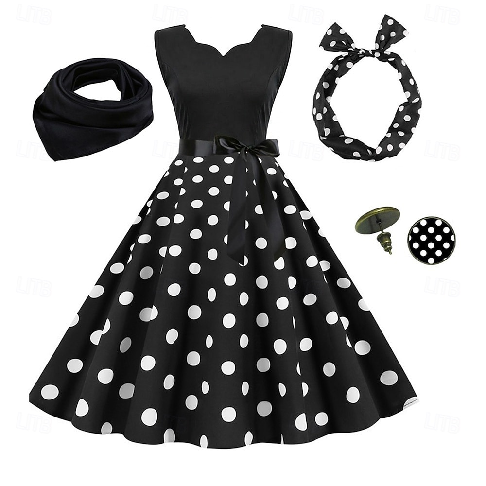Années 1950 Rétro Vintage Rockabilly Robe trapèze Robe Évasée Pois Déguisement Femmes Fête / Soirée Enterrement de Vie de Jeune Fille Adulte Robe Bandeau Robes de soirée de 2026 ? $33.99 –P3