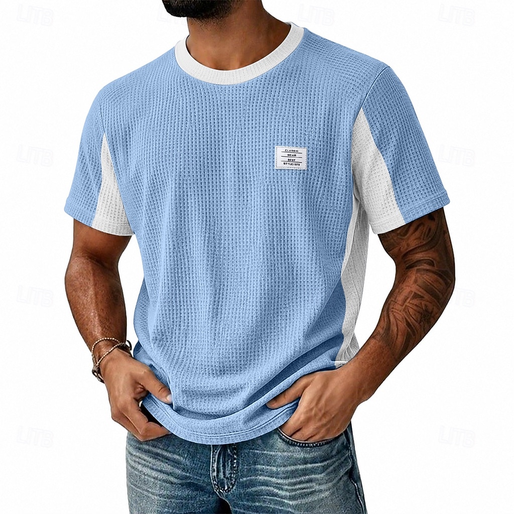 Men's Waffle T-shirt Tee Top Short Sleeve Crew Neck Summer Spring All Seasons Solid Color Fashion Designer Casual Color Block Casual Daily Outdoor Light Blue Black Light Green Top Tee for Men 2026 - $22.99 –P1