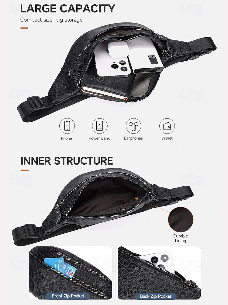 Men's Genuine Leather Waist Bag Chest Bag, Black Coffee Sling Pack, Large Capacity Multi Pocket Crossbody with Adjustable Strap, Wear as Fanny Pack for Travel Daily Use 2026 - $18.99 –P7
