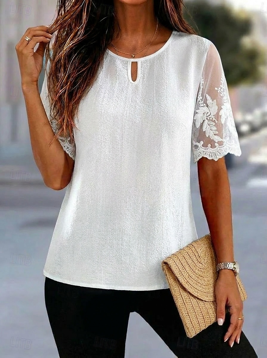 Women's Blouse Lace Tops Lace Patchwork Plain Stylish Modern Short Sleeve Crew Neck Regular Tops Casual Beach Holiday White Summer Spring 2026 - $18.49 –P1