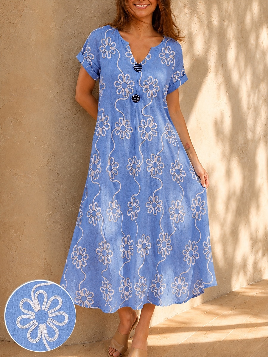 Pentru femei Rochii Midi Rochie cu broderie florală Rochie de vară De Bază Clasic Zilnic Vacanță Potrivire Largă Floral Manșon scurt În V Albastru piscină Alb Vară Primăvară 2026 - $33.99 –P1