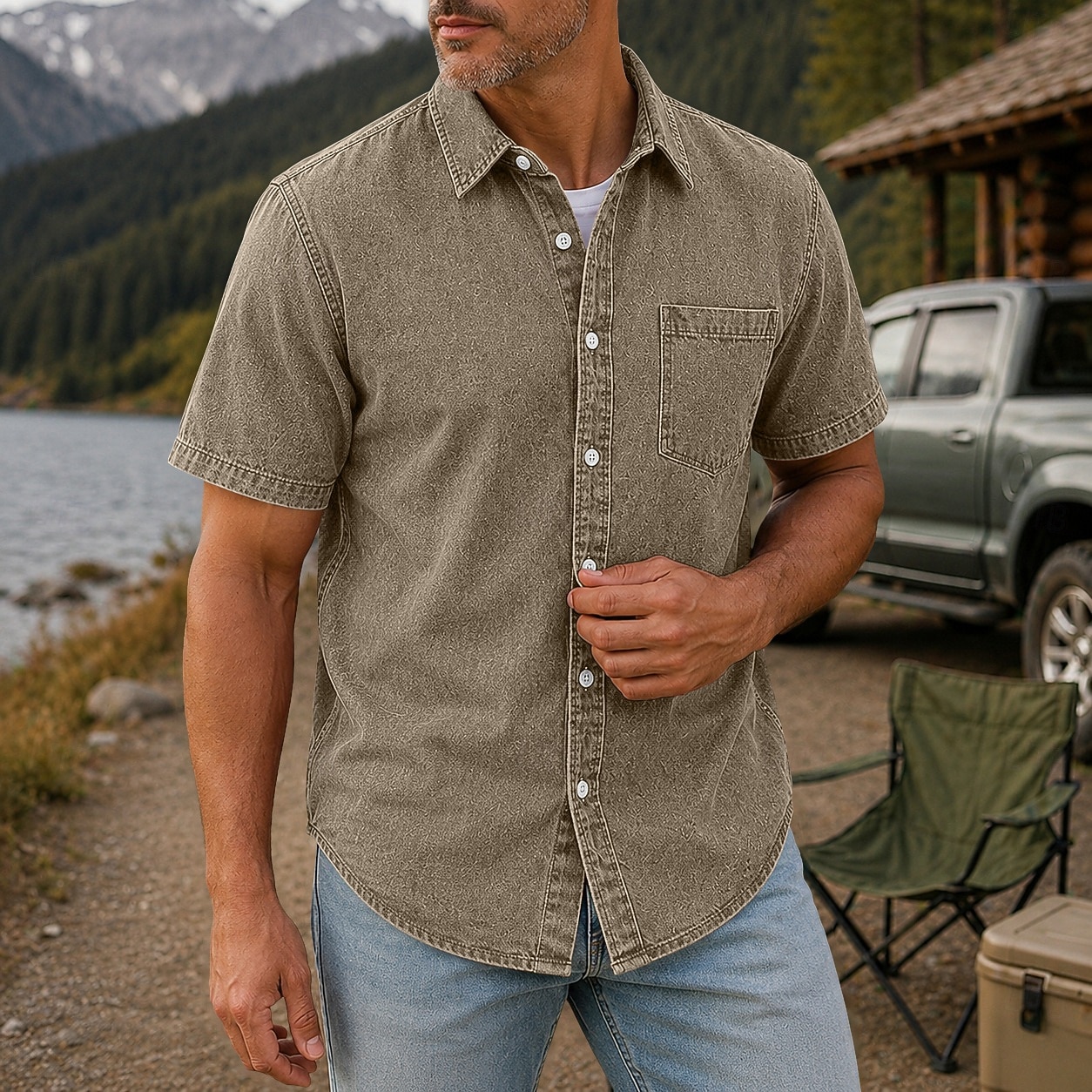 SoftFade™ Men Shirt Casual Shirt Demin Shirt Acid Wash Shirt Garment Dyed Black Light Green Burgundy Navy Blue Purple Short Sleeve Plain Shirt Collar Casual Daily Button-Down Clothing 2026 - $31.99 –P12