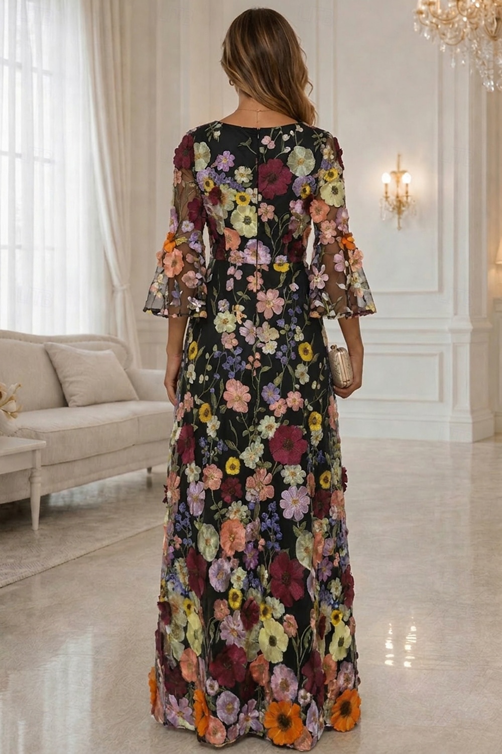 Corte A Hasta el Suelo Vestidos de noche Vestimenta formal Elegante Floral Manga Larga Escote en Pico Boda Formal Encaje con Flores 3D Bordados Apliques 2026 - $182.99 –P2