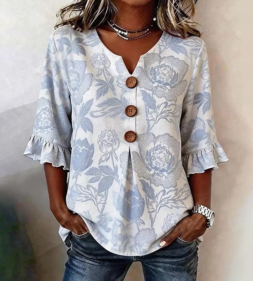 Per donna Camicia Bottoni Stampato Floreale Grafico Vintage Elegante Manica 3/4 Scollo a V Top Regolari Casuale Quotidiano Ferie Rosso Azzurro Estate Primavera del 2026 a $26.99 –P3