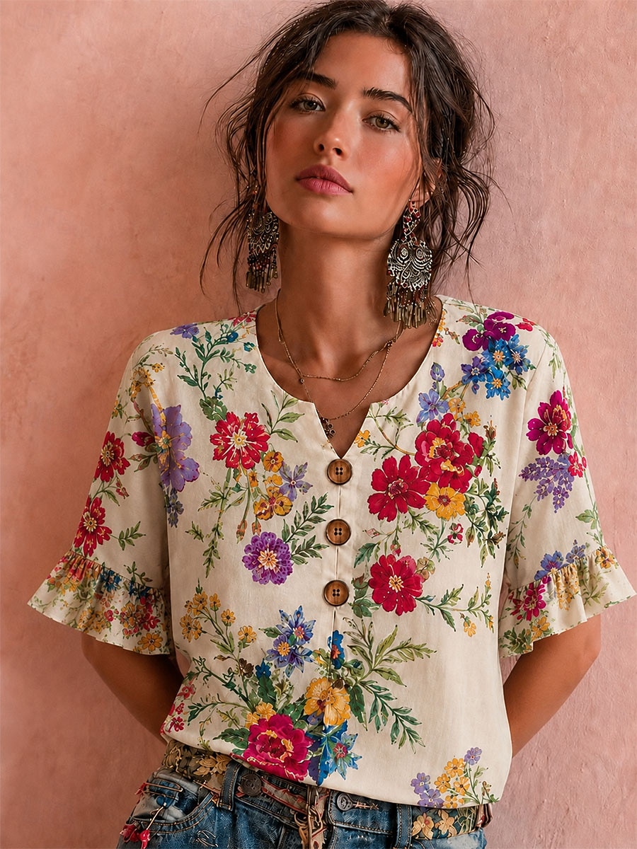 Mulheres Camisa Social Patchwork Botões Imprimir Floral Gráfico Vintage à moda Manga Curta Manga 3/4 Decote V Tops regulares Casual Diário Feriado Azul Branco Rosa Verão Primavera de 2026 por $29.99 –P3