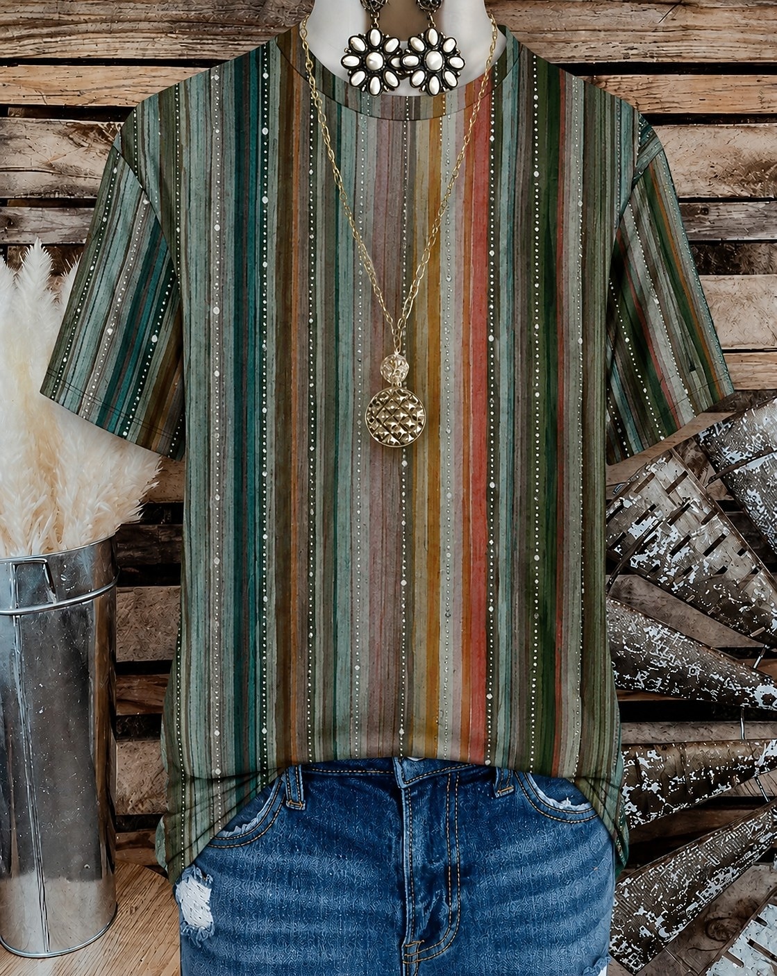 Camiseta de mujer estilo western boho con estampado floral, gráfico geométrico, vintage, elegante, informal, manga corta, cuello redondo, cuello en V, crop tops, casual, diario, fin de semana, verde 2026 - $21.99 –P2