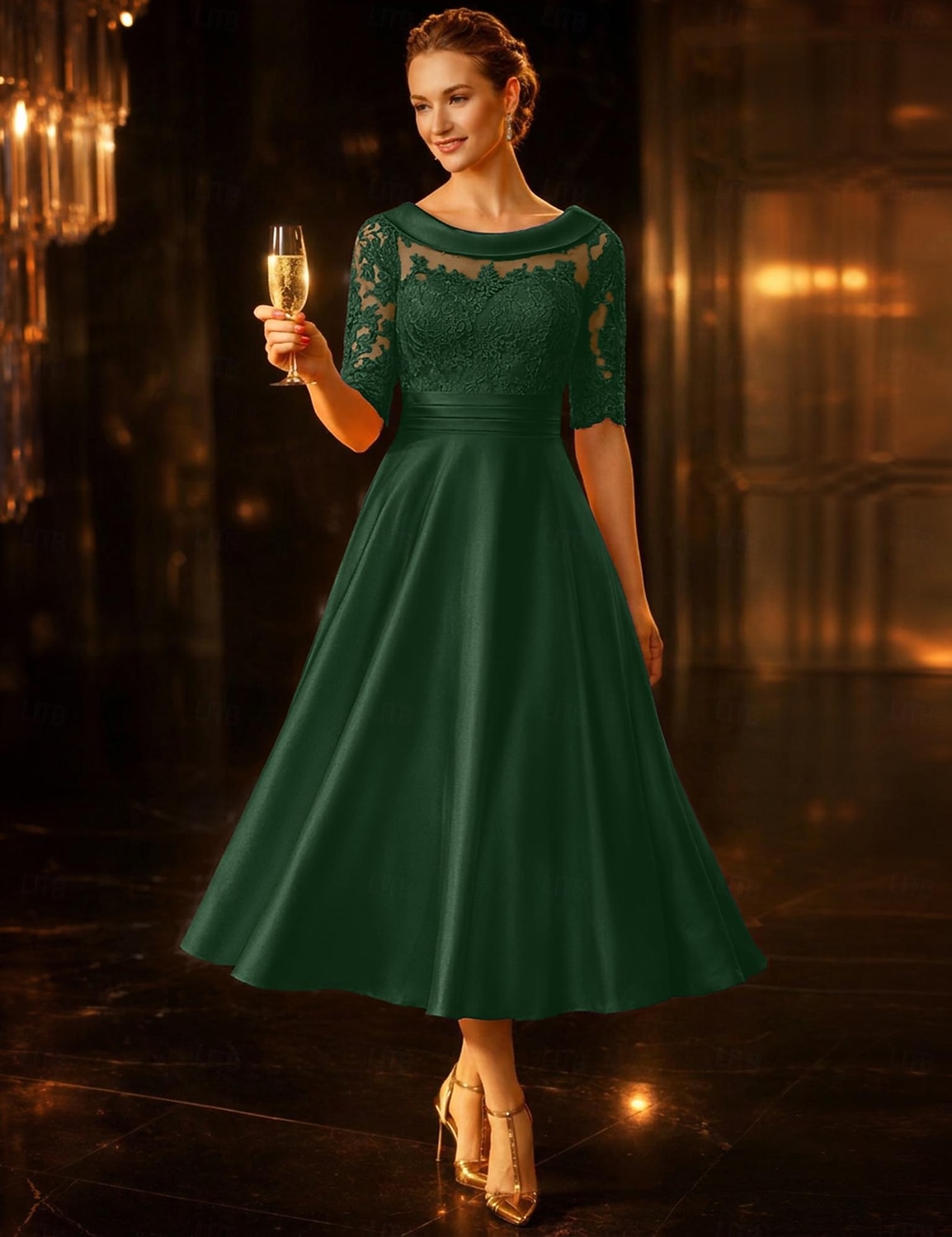 Linha A Longuette Vestido de festa Vestido Coquetel Vestido de convidada de casamento Vestido Para Mãe dos Noivos Meia Manga Scoop pescoço Elegante Vintage Convidado do casamento Cetim Renda com de 2026 por $114.99 –P10