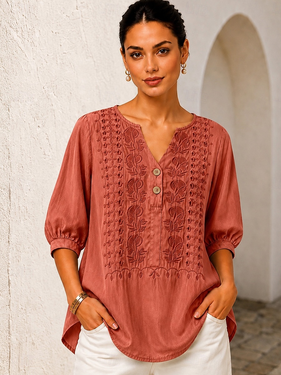 Per donna Camicia Top con cuciture in pizzo Ricamato Floreale Elegante Bohemien Etnico Manica 3/4 Scollo a V Top lunghi Casuale Quotidiano Uscire Blu Arancione Verde Primavera Autunno del 2026 a $24.99 –P6