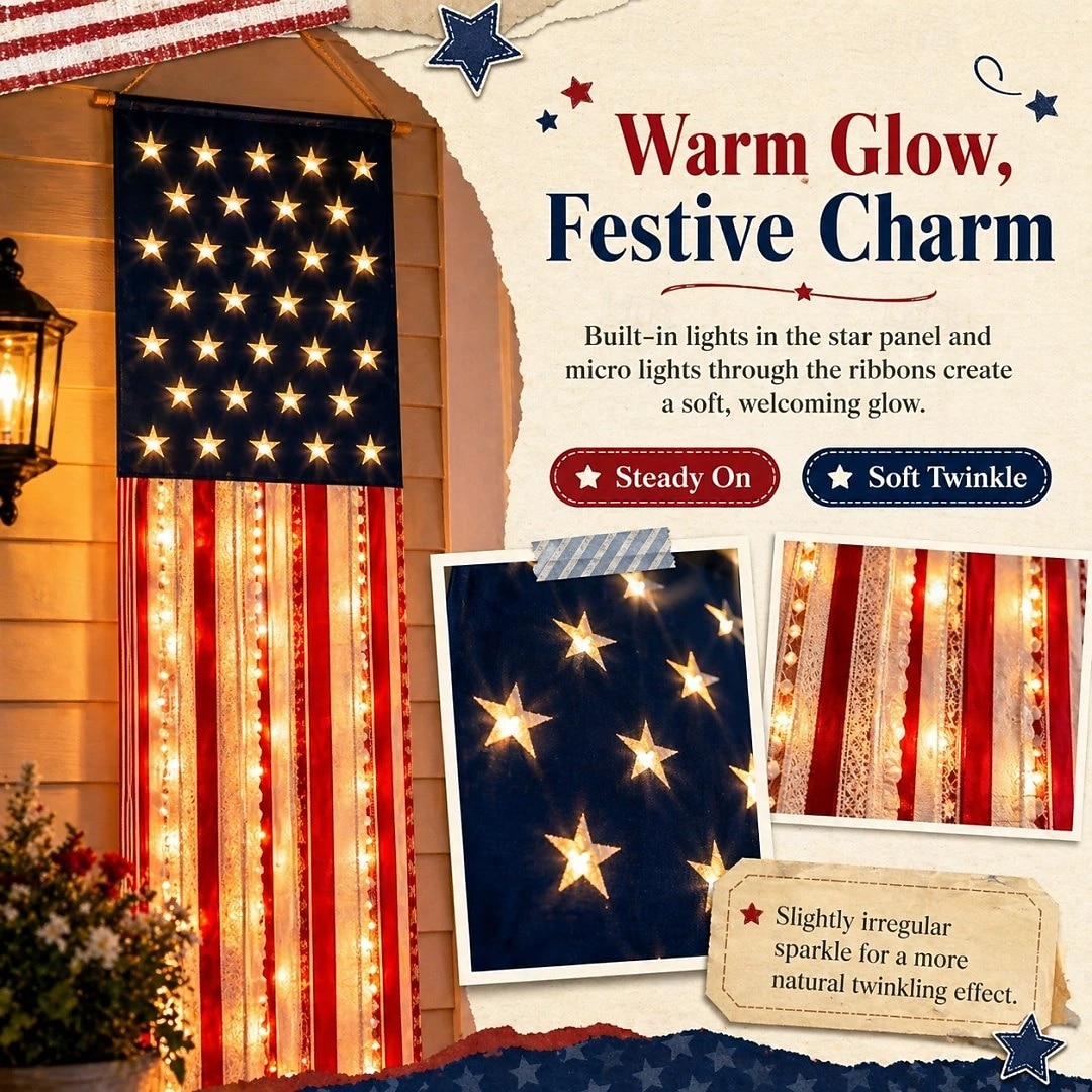 Bannière lumineuse patriotique américaine (1 pièce) pour porche, décorations extérieures pour le 4 juillet, 250e anniversaire des États-Unis, étoiles et rayures, bannière pour porte d'entrée ou patio. de 2026 ? $48.99 –P2