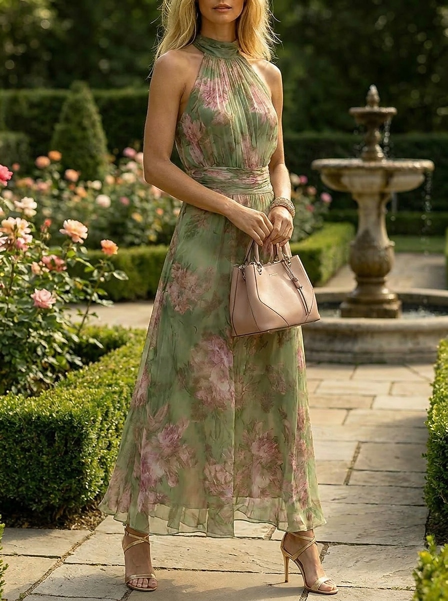 Damen Maxikleid Chiffonkleid Elegant Täglich Outdoor Normale Passform Blumen Ärmellos Neckholder Grün Frühling 2026 - $44.99 –P1