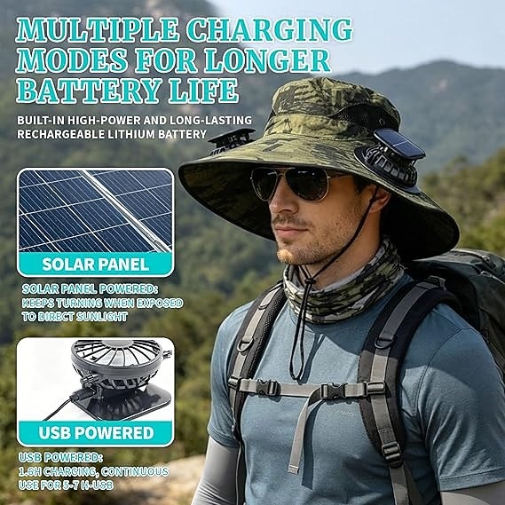 Cappello da sole a tesa larga per esterni con 2 ventole solari, cappello a secchiello per uomo e donna, protezione UPF 50+, ideale per la pesca. &Cappello da spiaggia con ventola incorporata del 2026 a $30.99 –P3